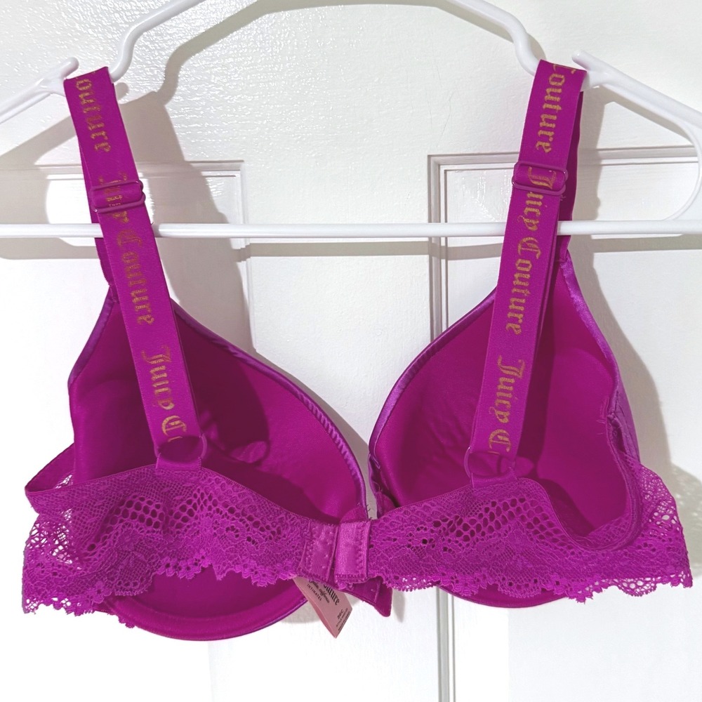 Juicy Couture Magenta Satin Lace Push Up Bra Logo Straps 36C 6890-28 - Picture 2 of 3